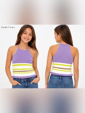 Habitual Girls Crochet Knit Cropped Tank Top Size 16 Purple Striped